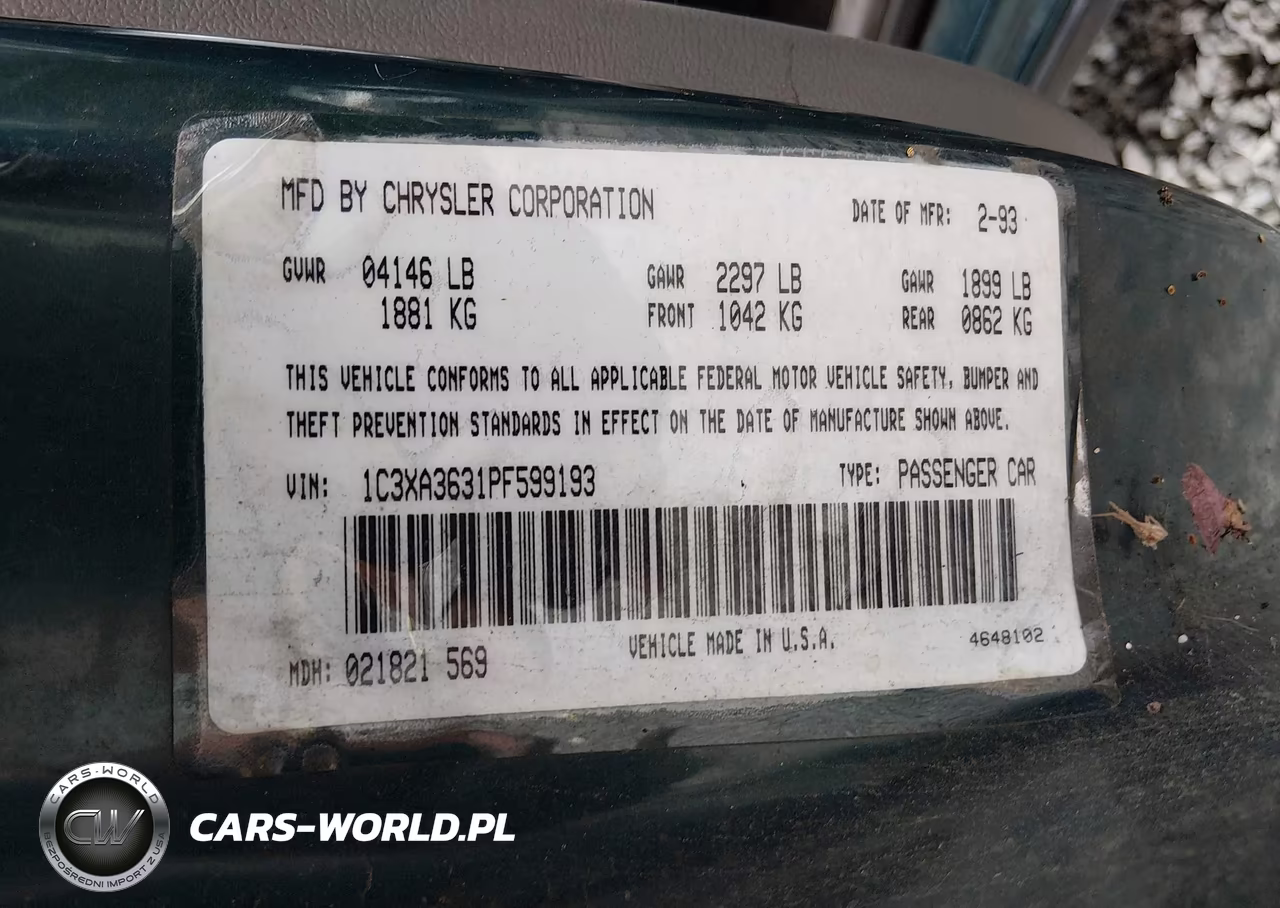 1993 Chrysler Lebaron Le A-Body VIN:1C3XA3631PF599193 - 9