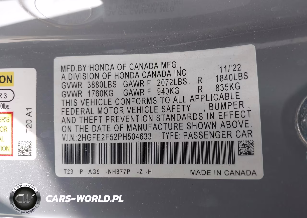 2023 Honda Civic Sport VIN:2HGFE2F52PH504633 - 9