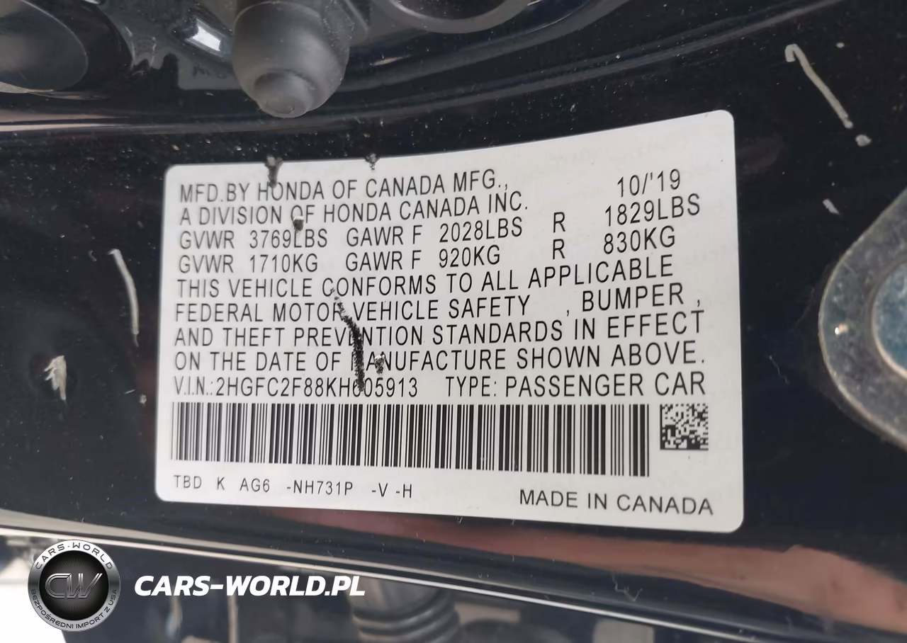 2019 Honda Civic Sport VIN:2HGFC2F88KH605913 - 9