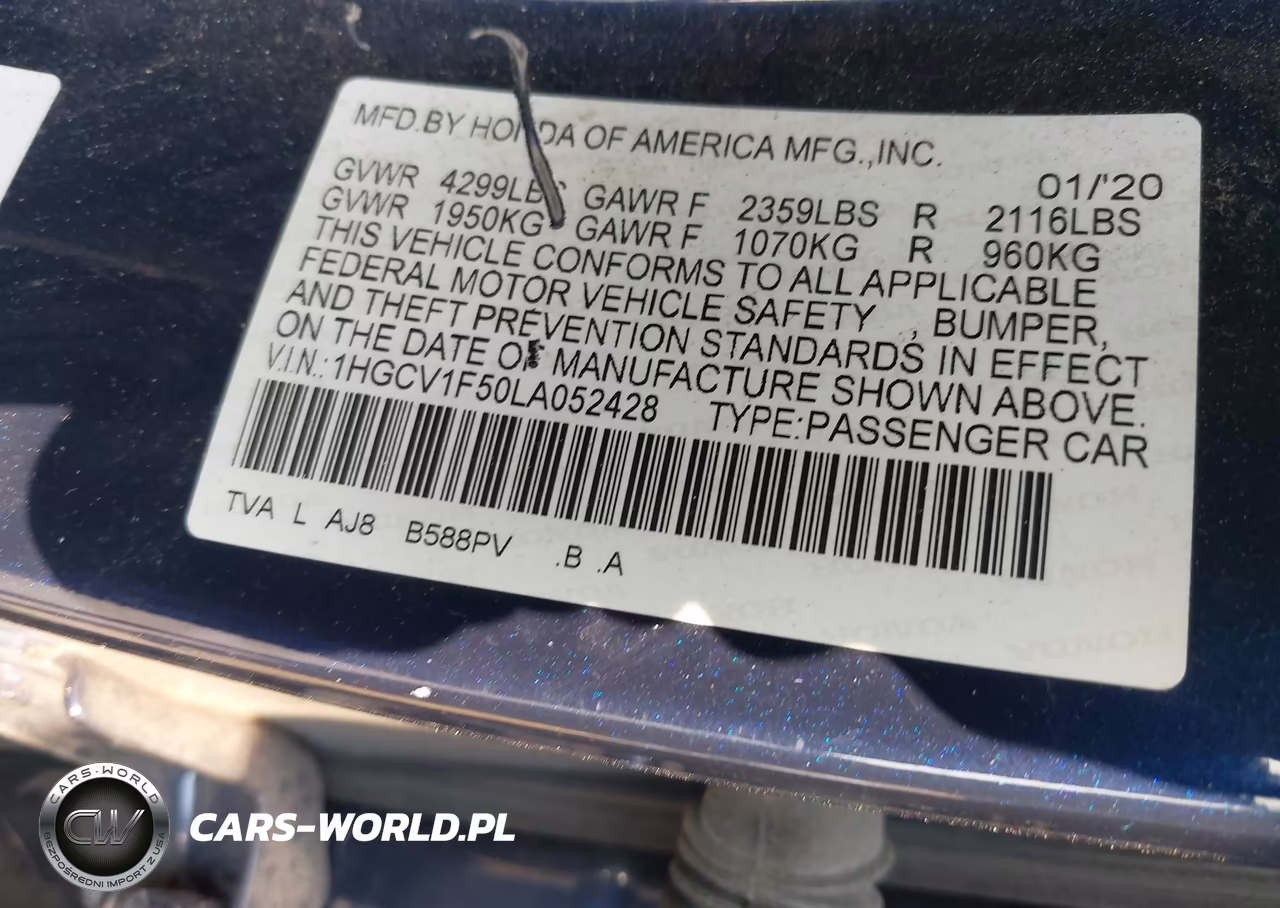 2020 Honda Accord Ex-L VIN:1HGCV1F50LA052428 - 9
