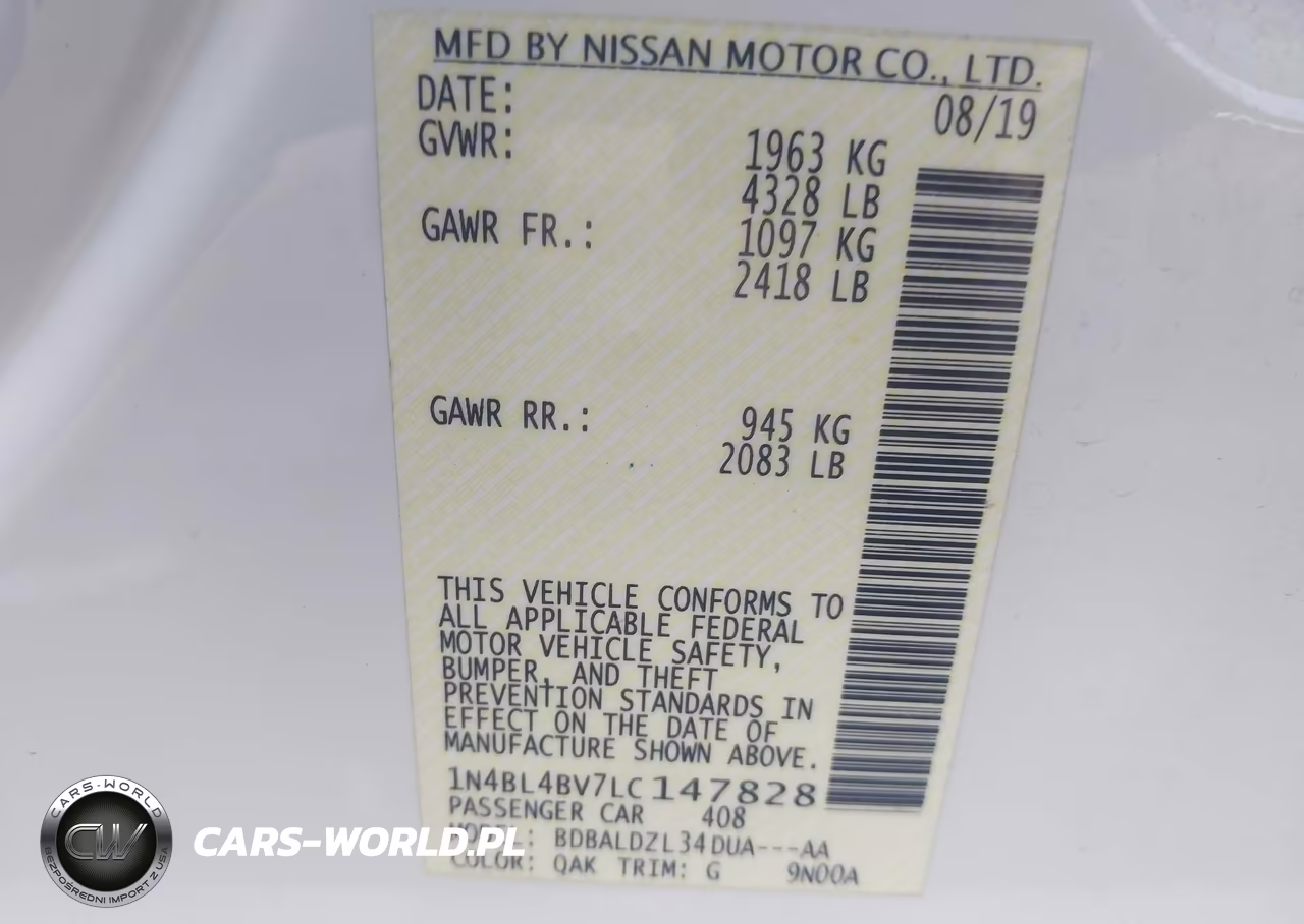 2020 Nissan Altima S Fwd VIN:1N4BL4BV7LC147828 - 9
