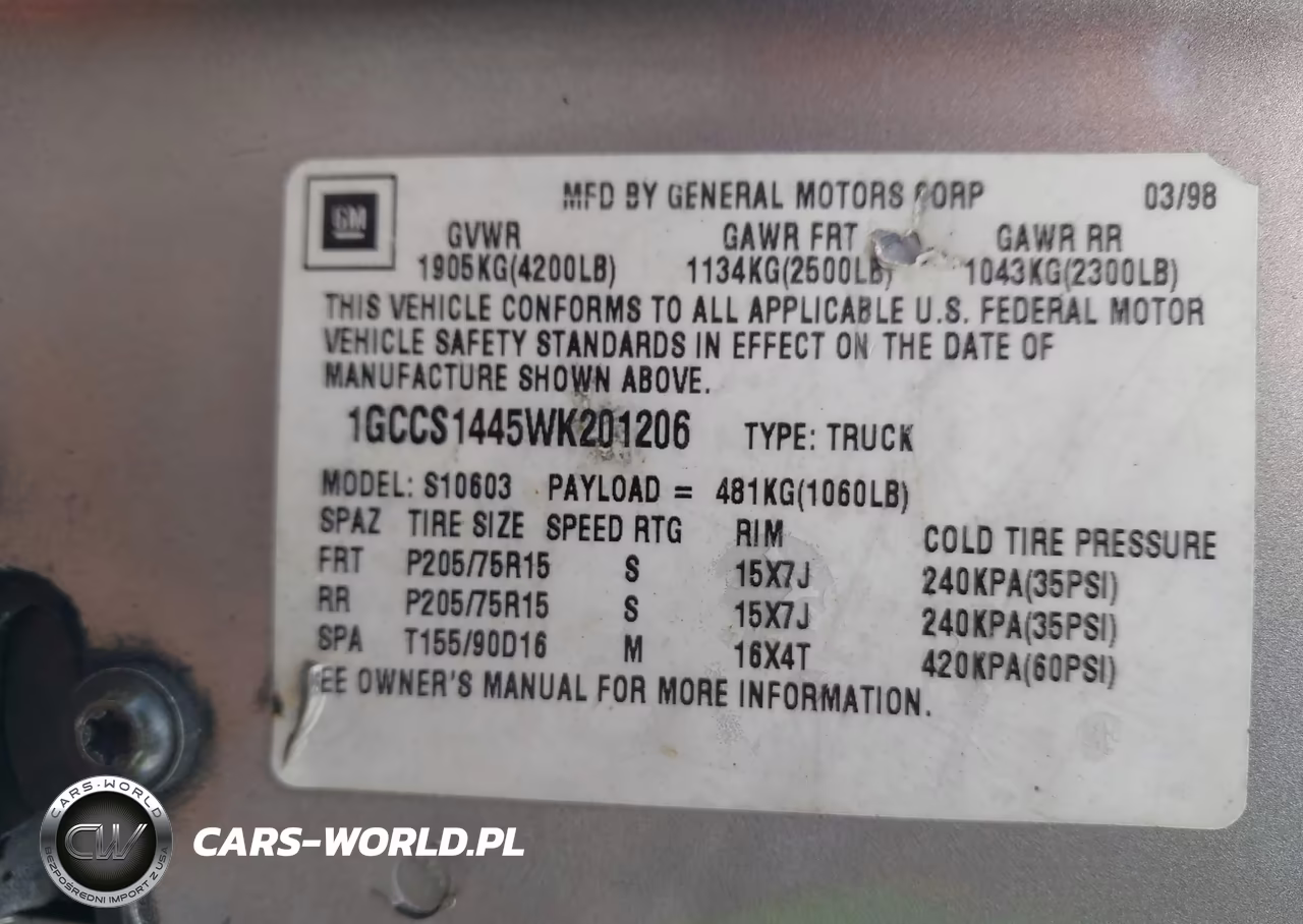 1998 Chevrolet S-10 Ls VIN:1GCCS1445WK201206 - 9