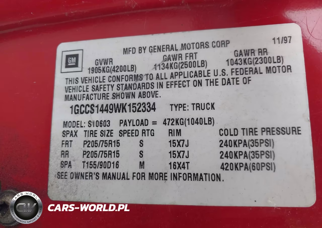 1998 Chevrolet S-10 Fleetside VIN:1GCCS1449WK152334 - 9