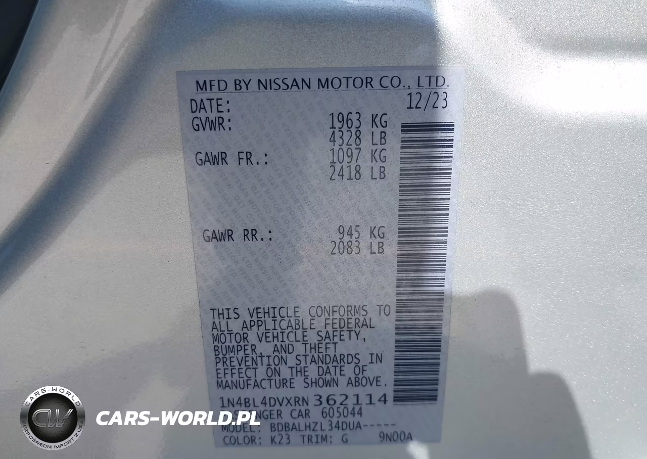 2024 Nissan Altima Sv Fwd VIN:1N4BL4DVXRN362114 - 9