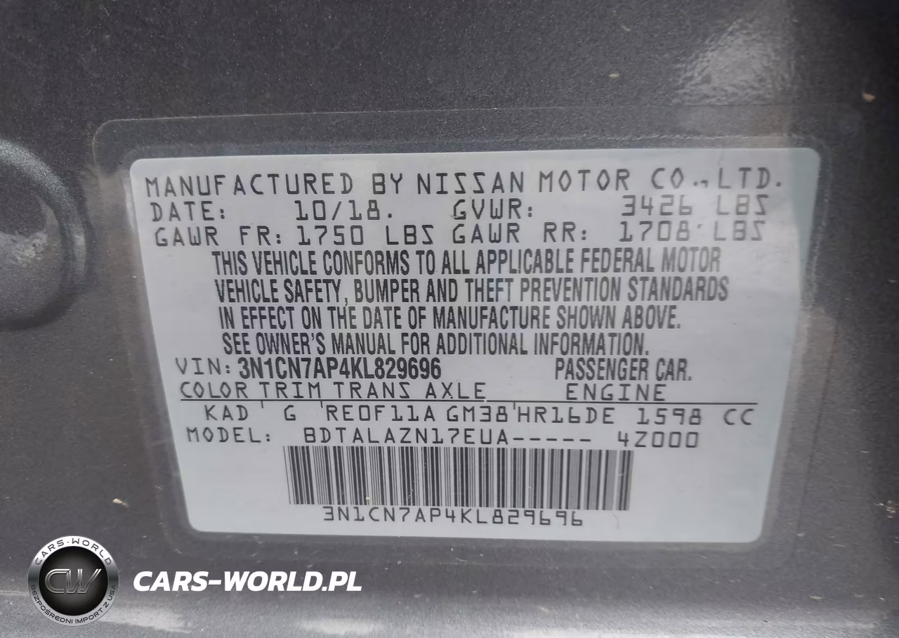2019 Nissan Versa 1.6 S+ VIN:3N1CN7AP4KL829696 - 9
