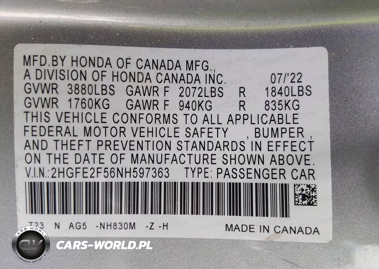 2022 Honda Civic Sport VIN:2HGFE2F56NH597363 - 9
