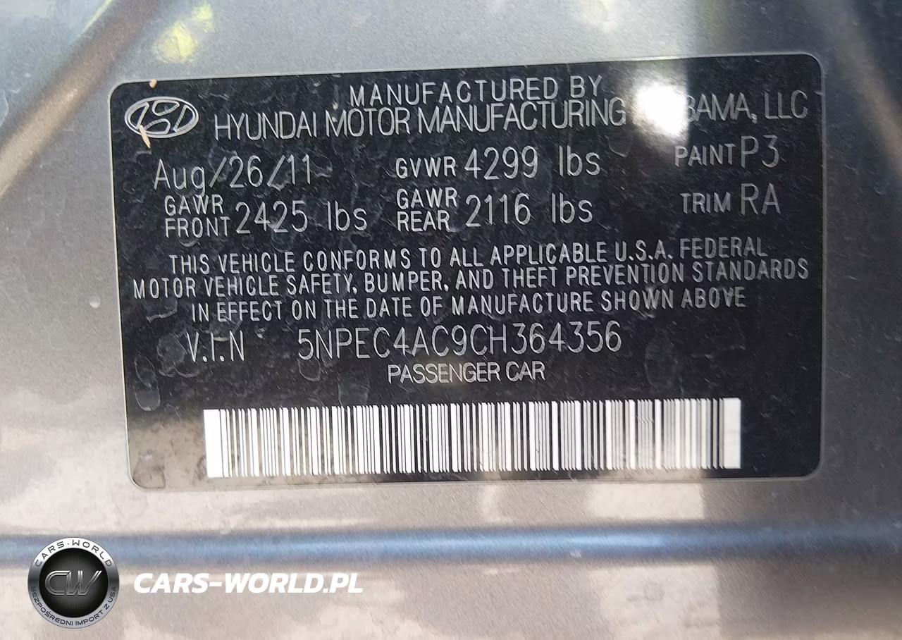 2012 Hyundai Sonata Se VIN:5NPEC4AC9CH364356 - 9