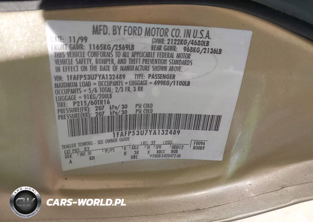 2000 Ford Taurus Se VIN:1FAFP53U7YA132489 - 9