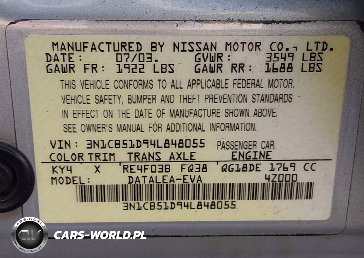 2004 Nissan Sentra 1.8S VIN:3N1CB51D94L848055 - 9