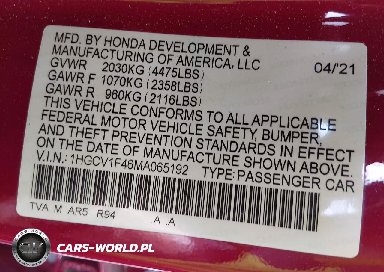 2021 Honda Accord Sport Special Edition VIN:1HGCV1F46MA065192 - 9