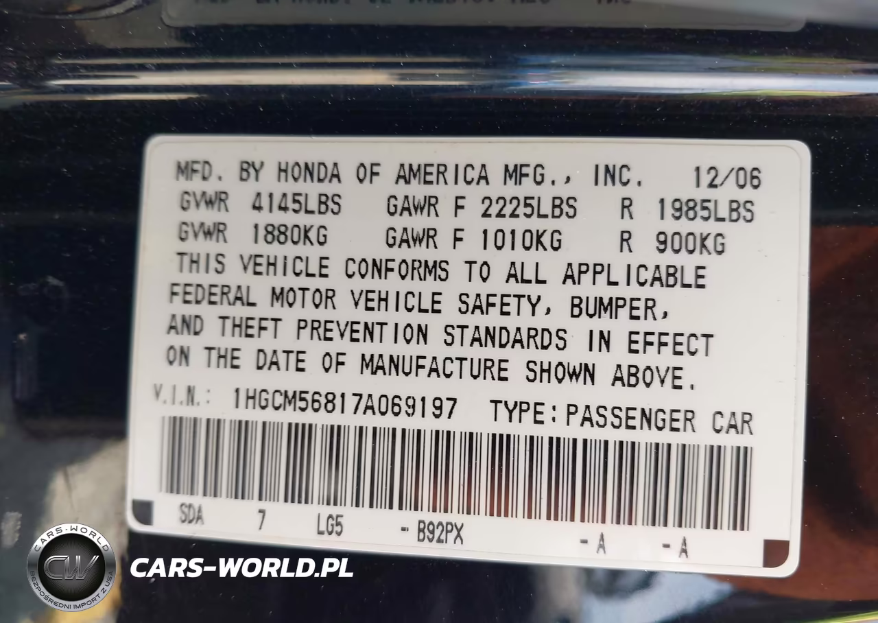 2007 Honda Accord 2.4 Ex VIN:1HGCM56817A069197 - 9