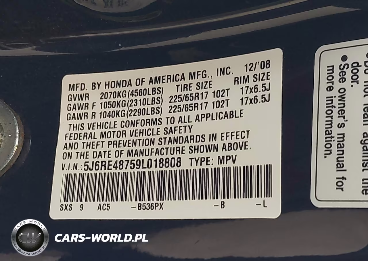 2009 Honda Cr-V Ex-L VIN:5J6RE48759L018808 - 9