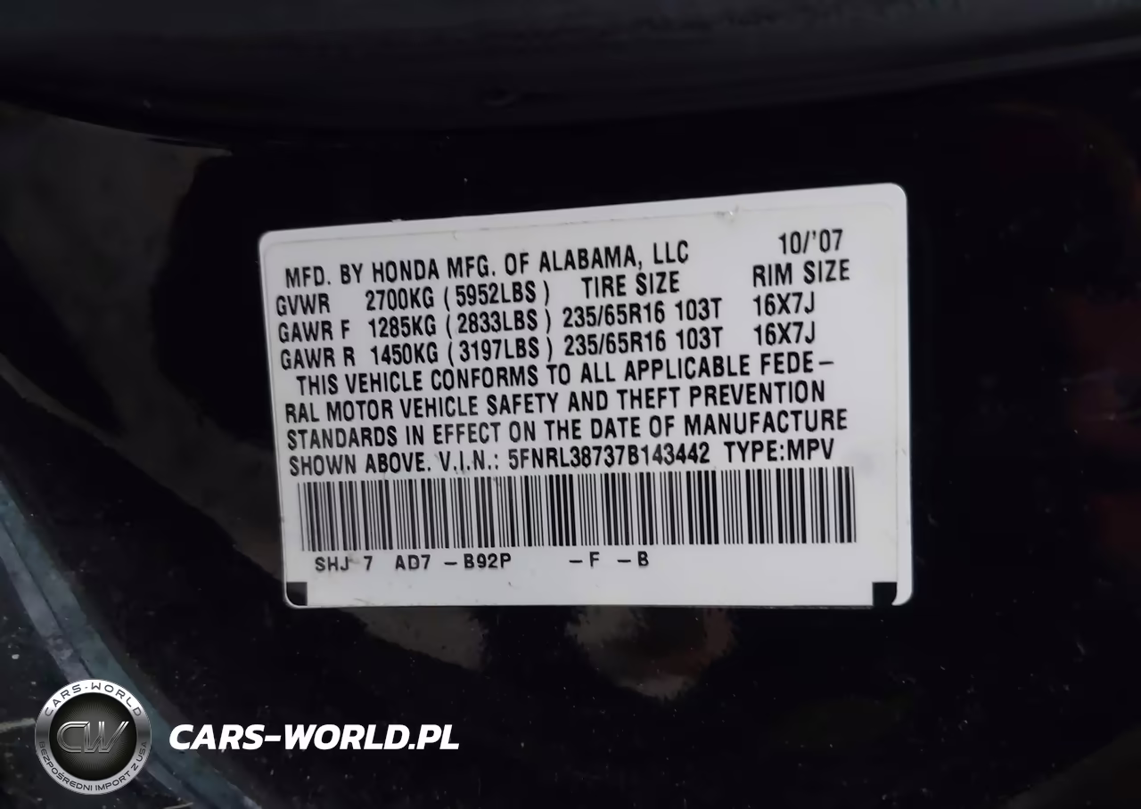 2007 Honda Odyssey Ex-L VIN:5FNRL38737B143442 - 9
