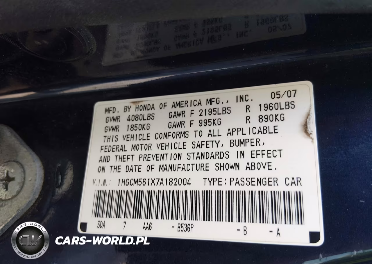 2007 Honda Accord 2.4 Vp VIN:1HGCM561X7A182004 - 9