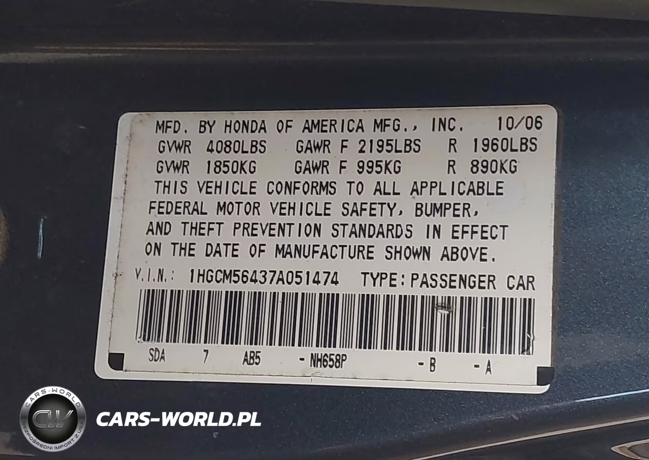 2007 Honda Accord 2.4 Lx VIN:1HGCM56437A051474 - 9