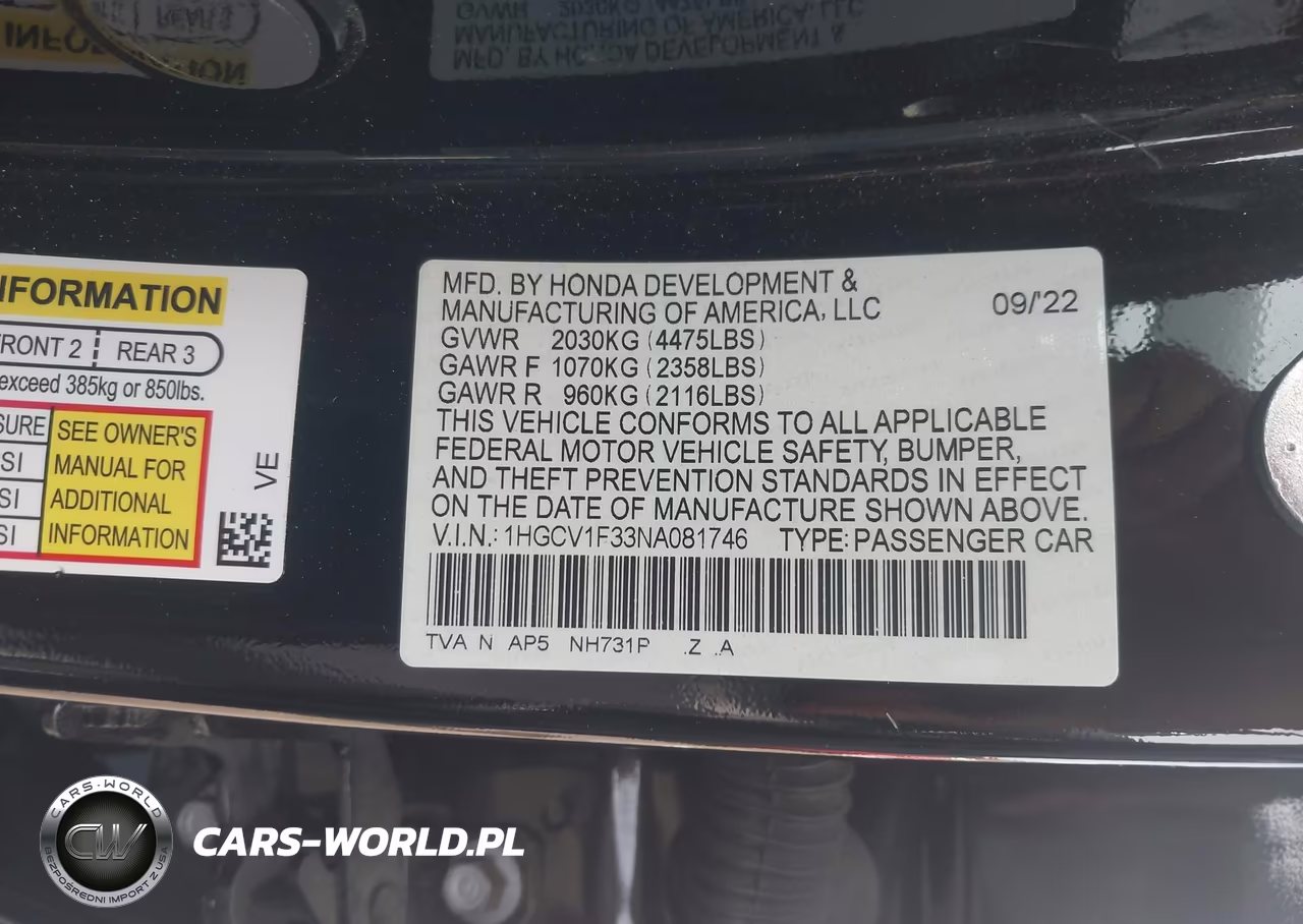 2022 Honda Accord Sport VIN:1HGCV1F33NA081746 - 9