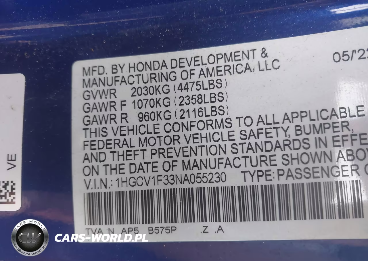 2022 Honda Accord Sport VIN:1HGCV1F33NA055230 - 9