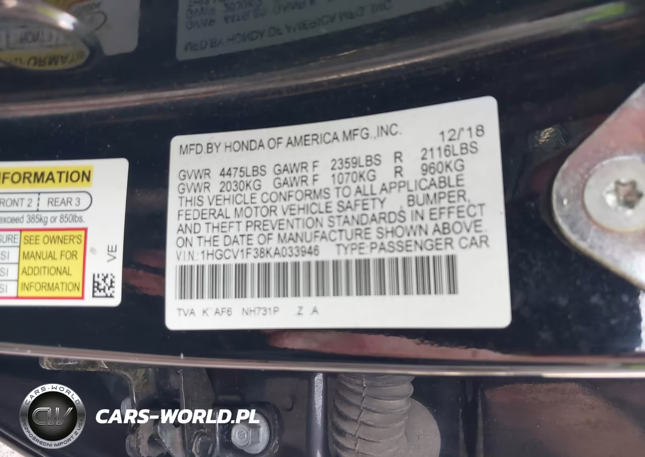 2019 Honda Accord Sport VIN:1HGCV1F38KA033946 - 9