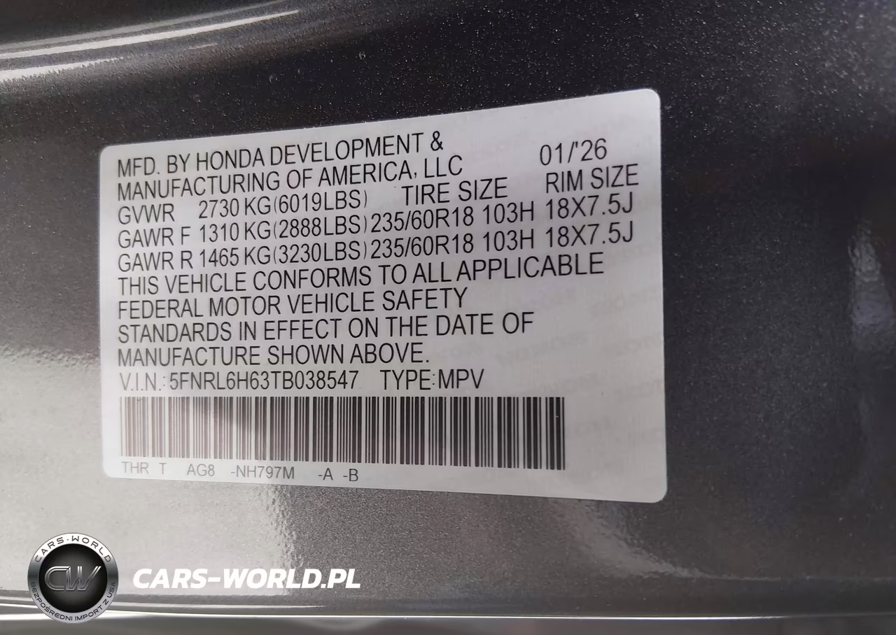 2026 Honda Odyssey Exl VIN:5FNRL6H63TB038547 - 9