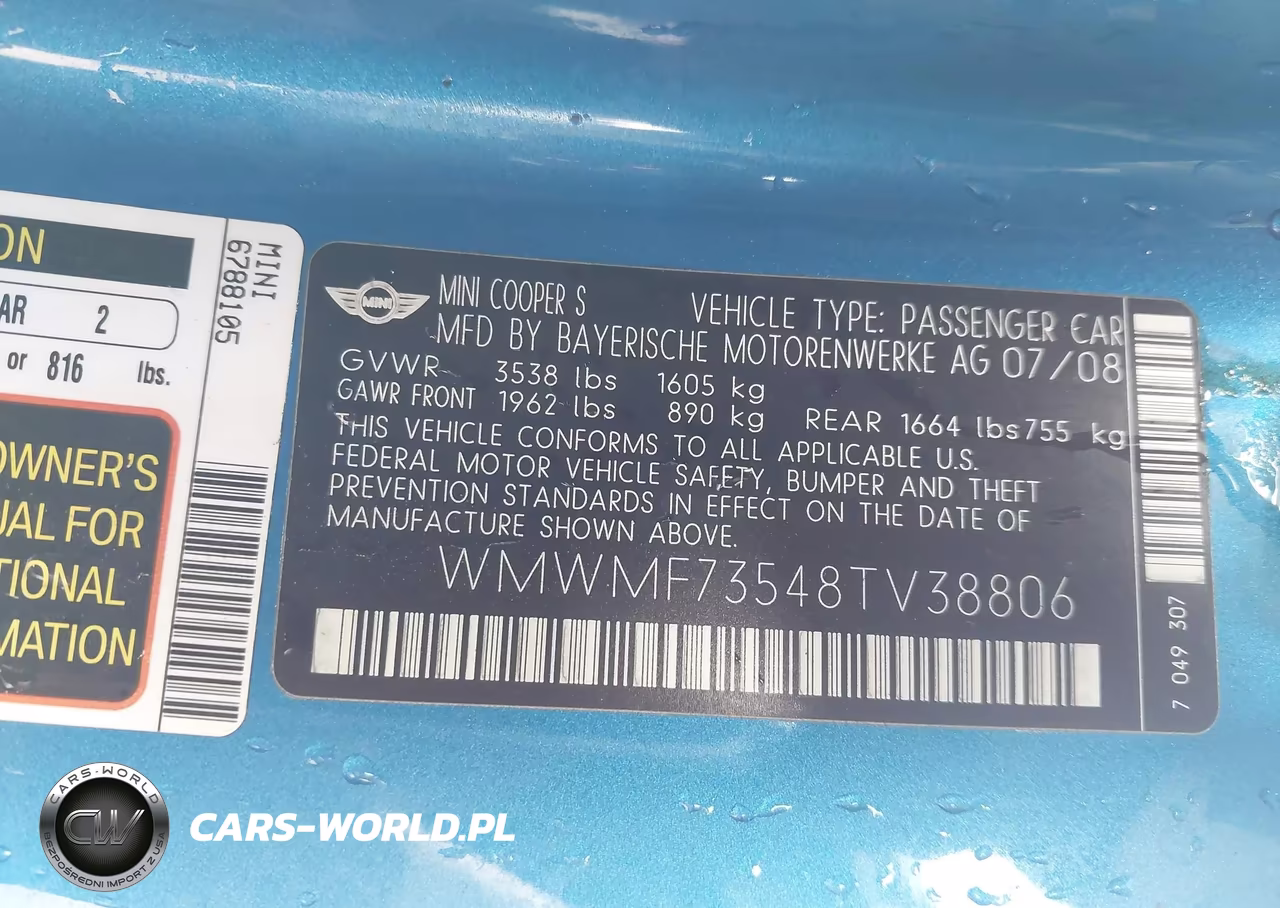 2008 Mini Cooper S VIN:WMWMF73548TV38806 - 9