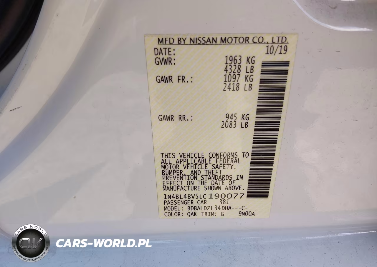 2020 Nissan Altima S Fwd VIN:1N4BL4BV5LC190077 - 9