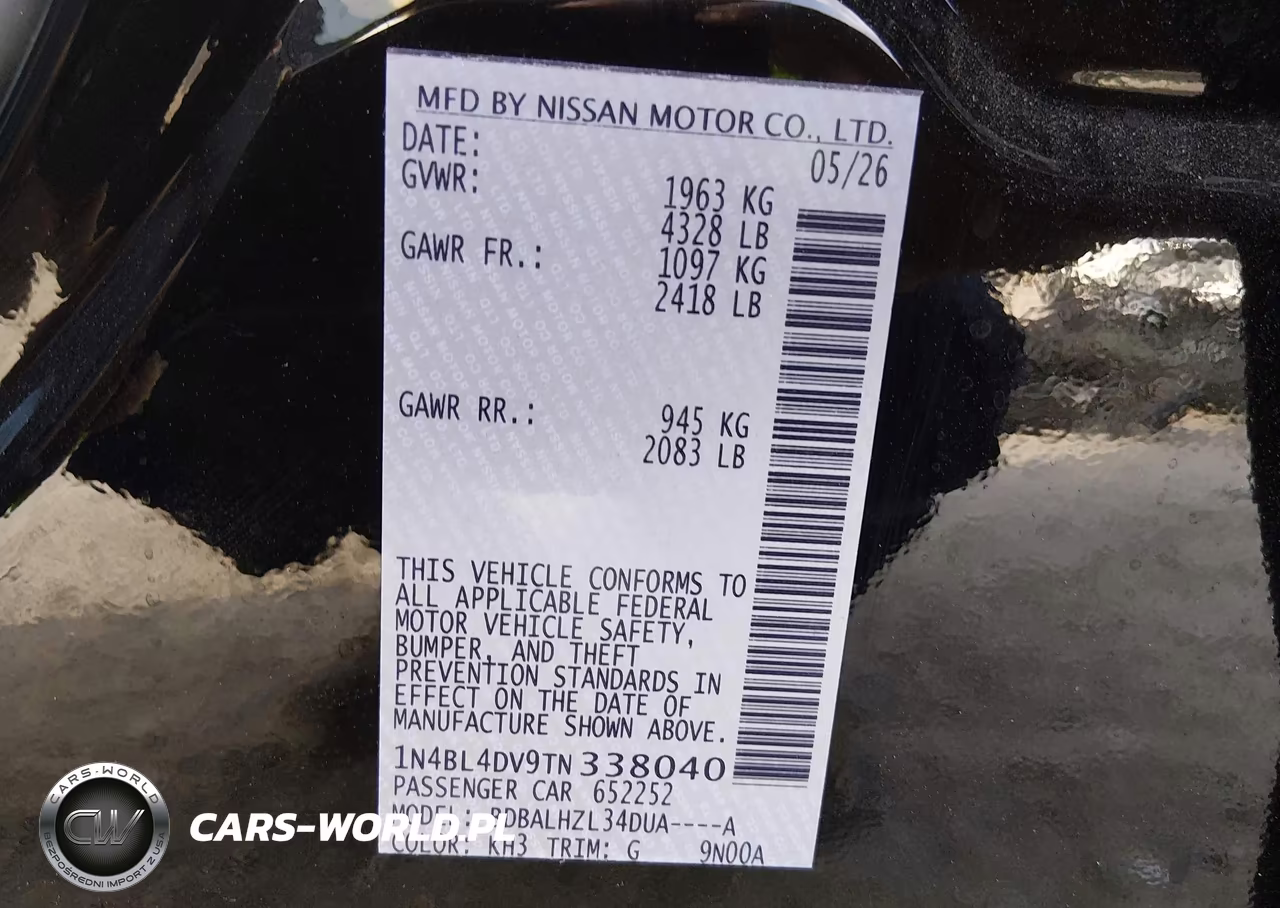2026 Nissan Altima Sv Fwd VIN:1N4BL4DV9TN338040 - 9
