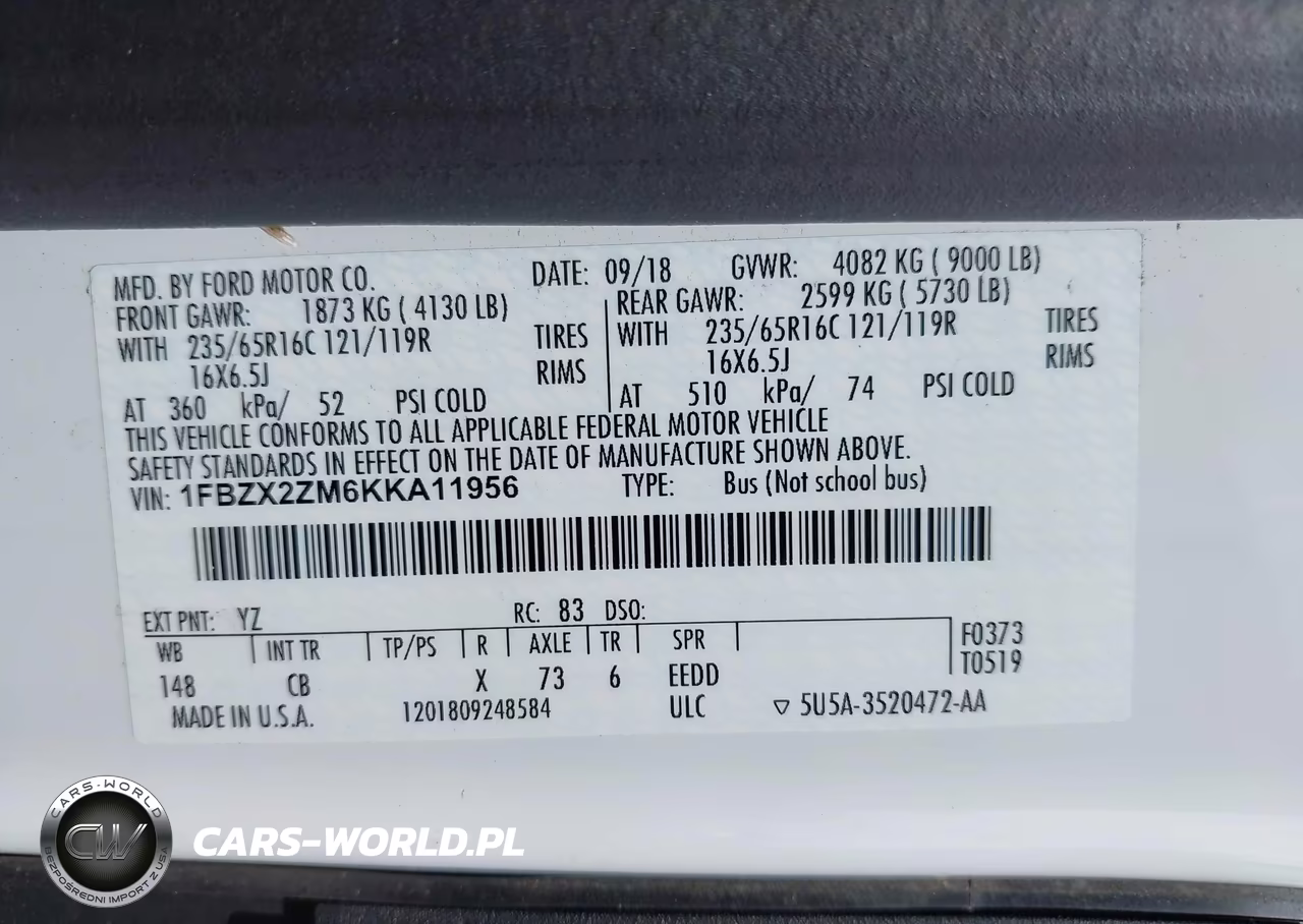 2019 Ford Transit-350 Xl VIN:1FBZX2ZM6KKA11956 - 9
