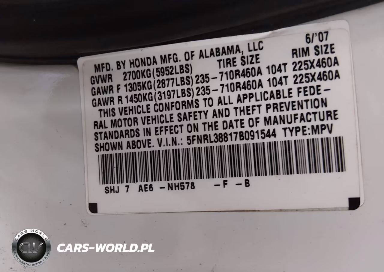 2007 Honda Odyssey Touring VIN:5FNRL38817B091544 - 9