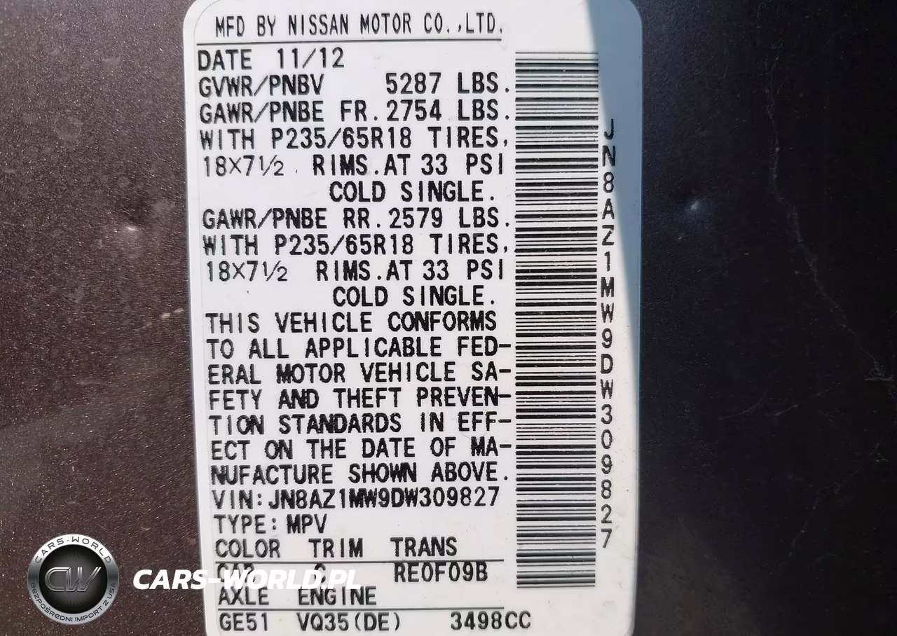 2013 Nissan Murano Sv VIN:JN8AZ1MW9DW309827 - 9