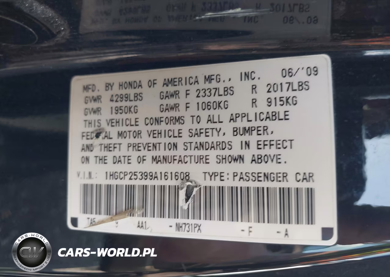 2009 Honda Accord 2.4 Lx VIN:1HGCP25399A161608 - 9