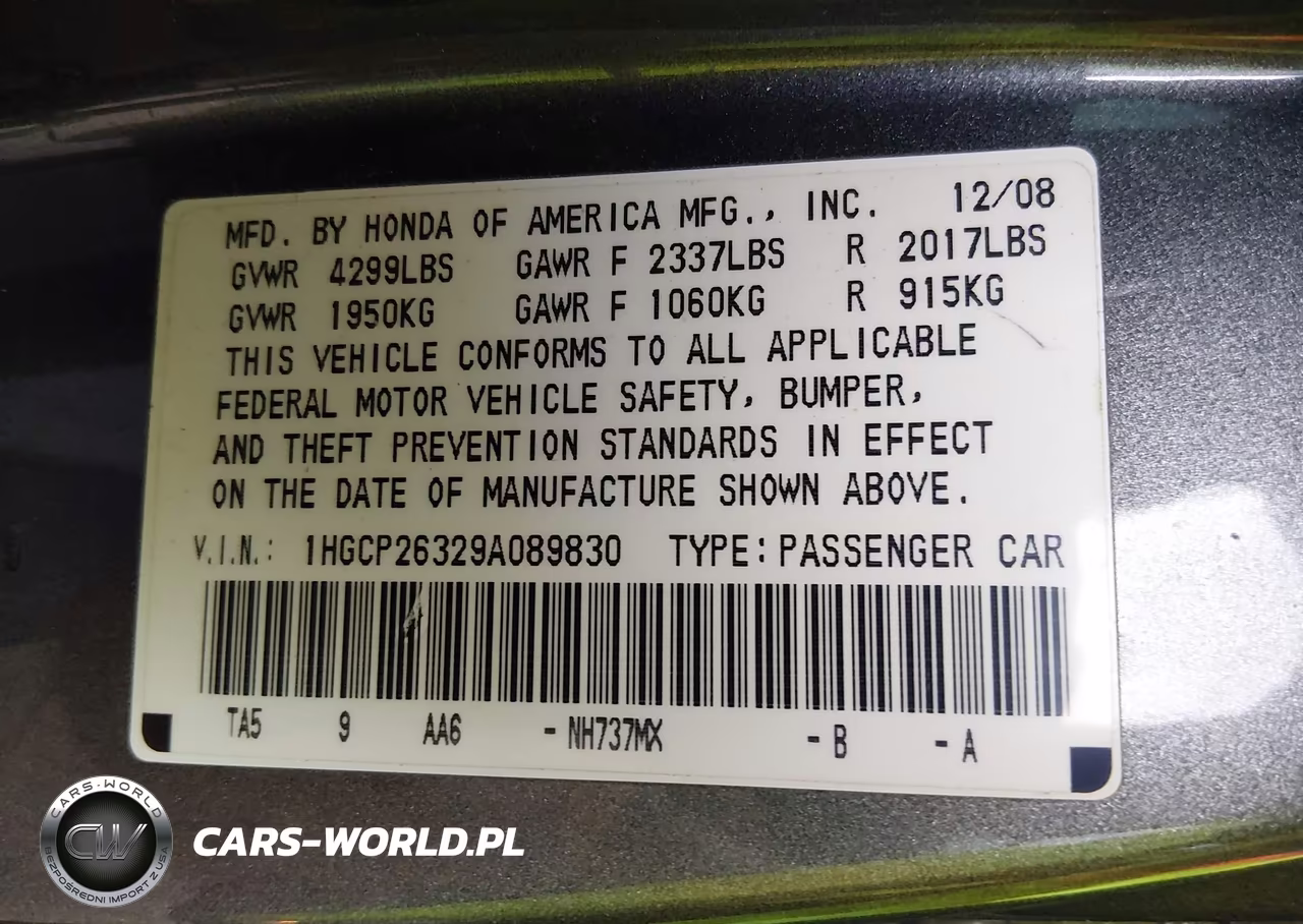 2009 Honda Accord 2.4 Lx VIN:1HGCP26329A089830 - 9