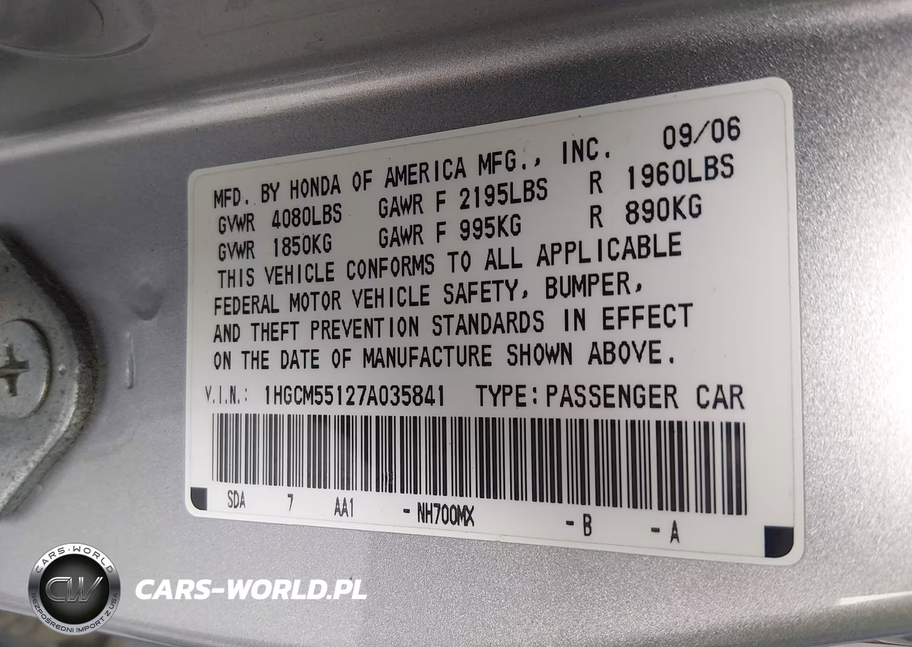2007 Honda Accord 2.4 Vp VIN:1HGCM55127A035841 - 9
