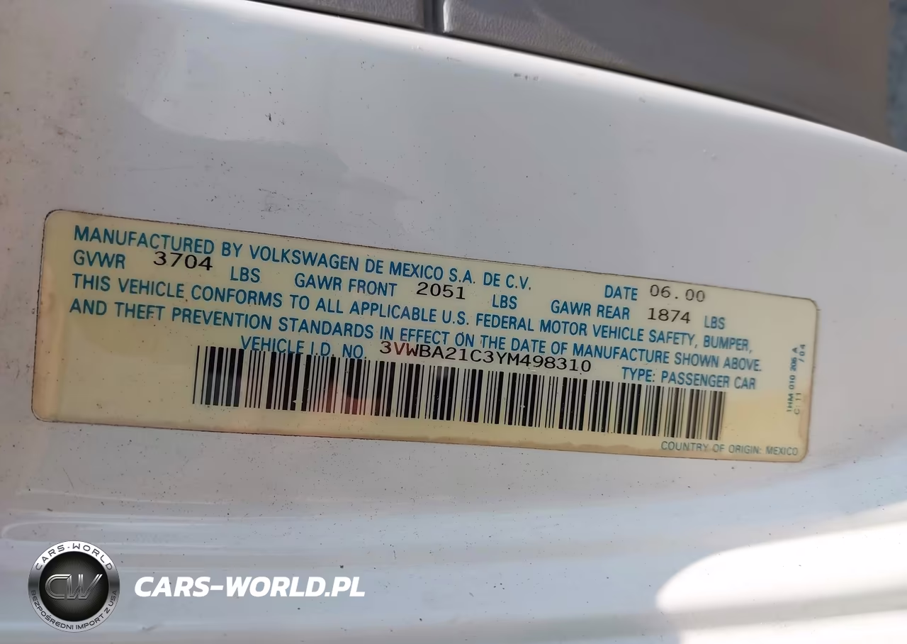 2000 Volkswagen New Beetle Gl VIN:3VWBA21C3YM498310 - 9