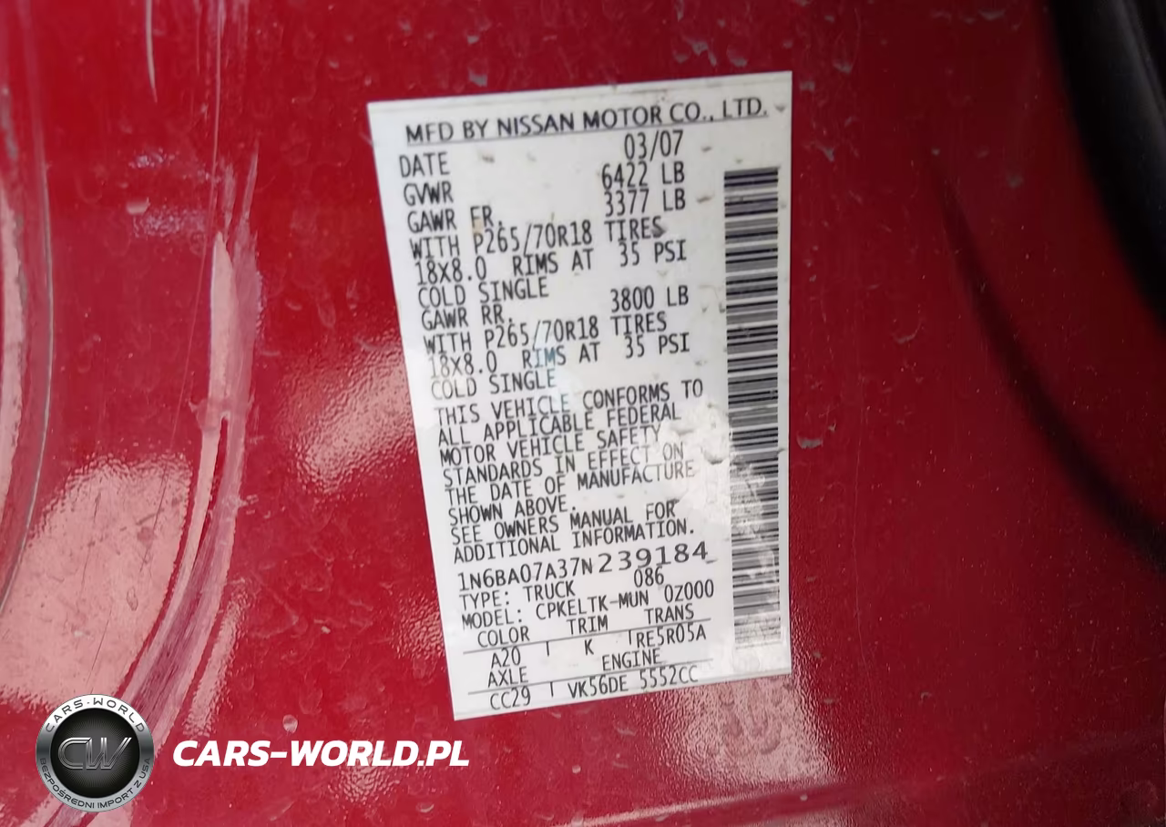 2007 Nissan Titan Se VIN:1N6BA07A37N239184 - 9