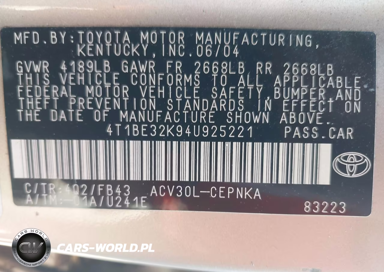2004 Toyota Camry Le VIN:4T1BE32K94U925221 - 9