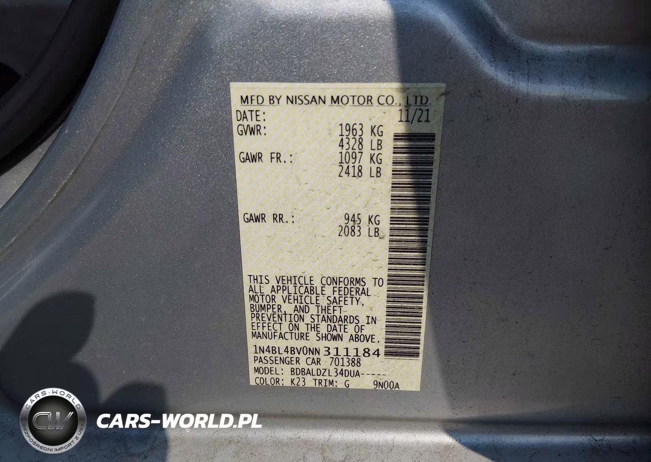 2022 Nissan Altima S Fwd VIN:1N4BL4BV0NN311184 - 9