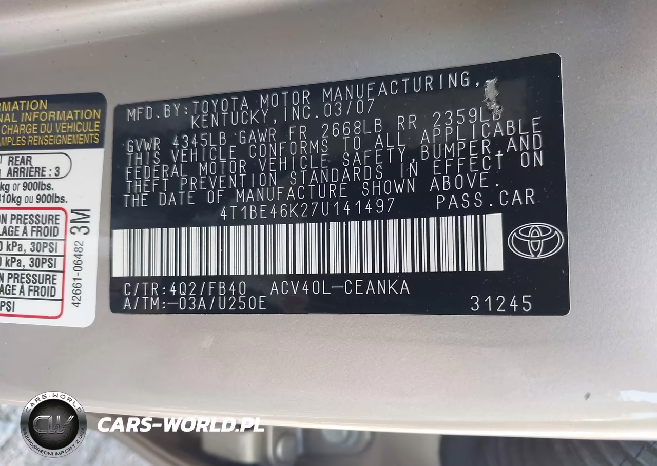 2007 Toyota Camry Le VIN:4T1BE46K27U141497 - 9