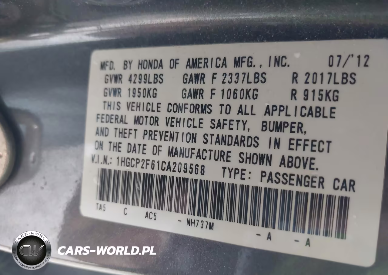 2012 Honda Accord 2.4 Se VIN:1HGCP2F61CA209568 - 9
