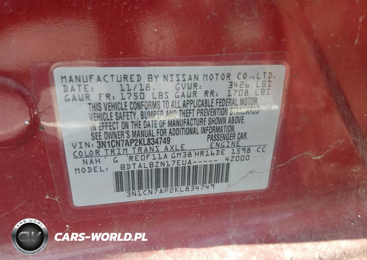 2019 Nissan Versa 1.6 Sv VIN:3N1CN7AP2KL834749 - 9