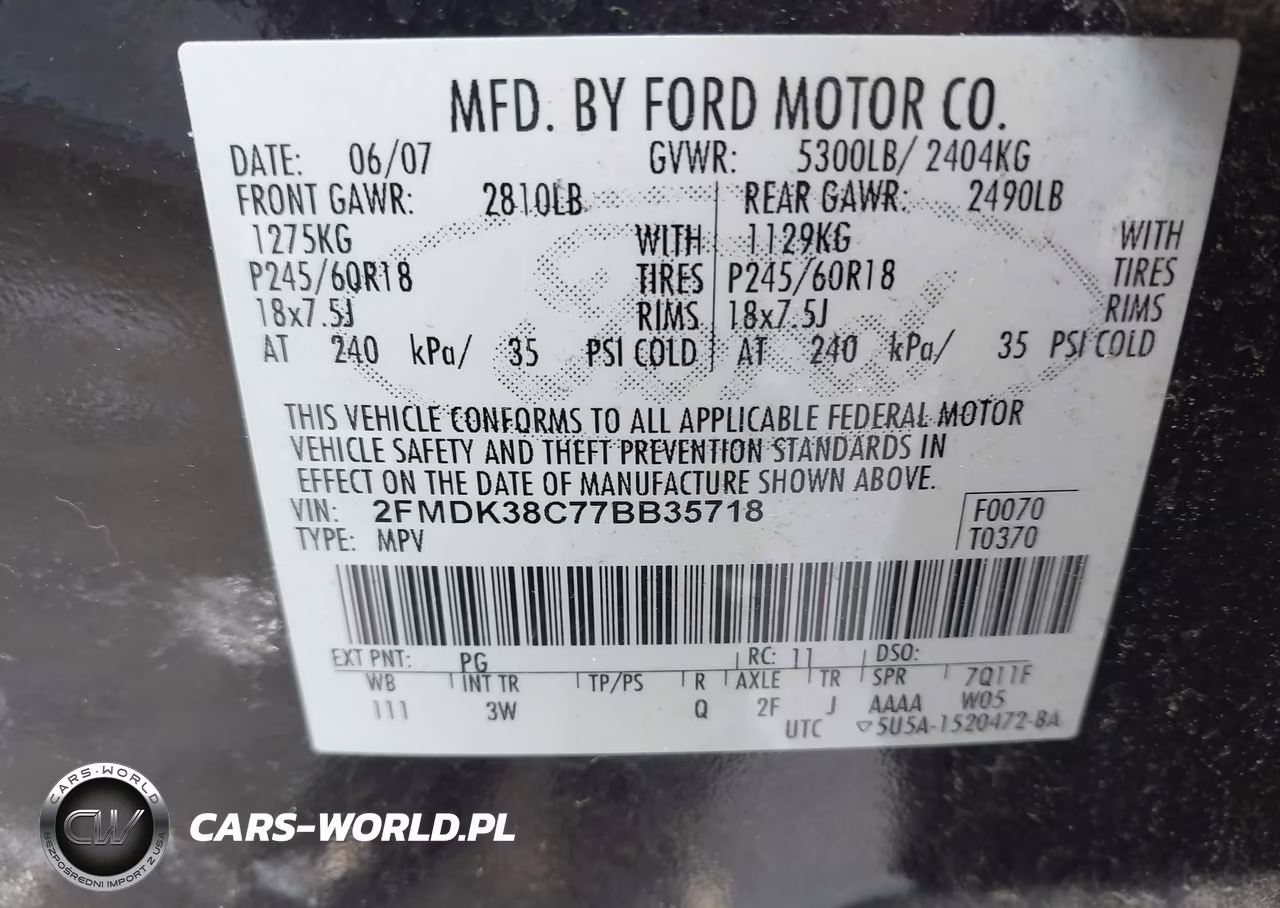 2007 Ford Edge Sel VIN:2FMDK38C77BB35718 - 9
