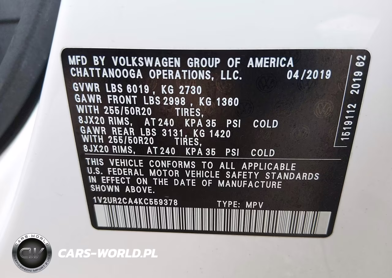 2019 Volkswagen Atlas 3.6L V6 Se W-Technology VIN:1V2UR2CA4KC559378 - 9