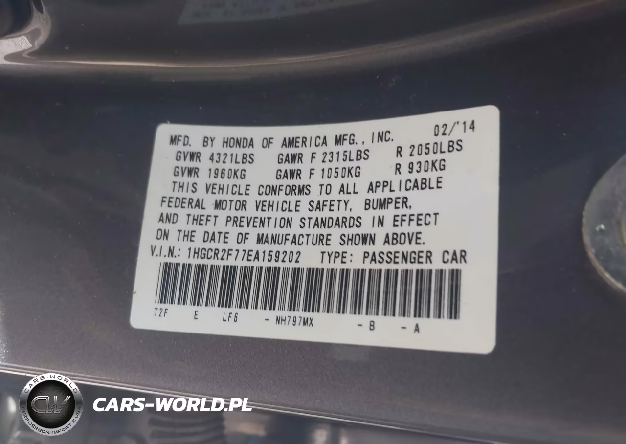 2014 Honda Accord Ex VIN:1HGCR2F77EA159202 - 9