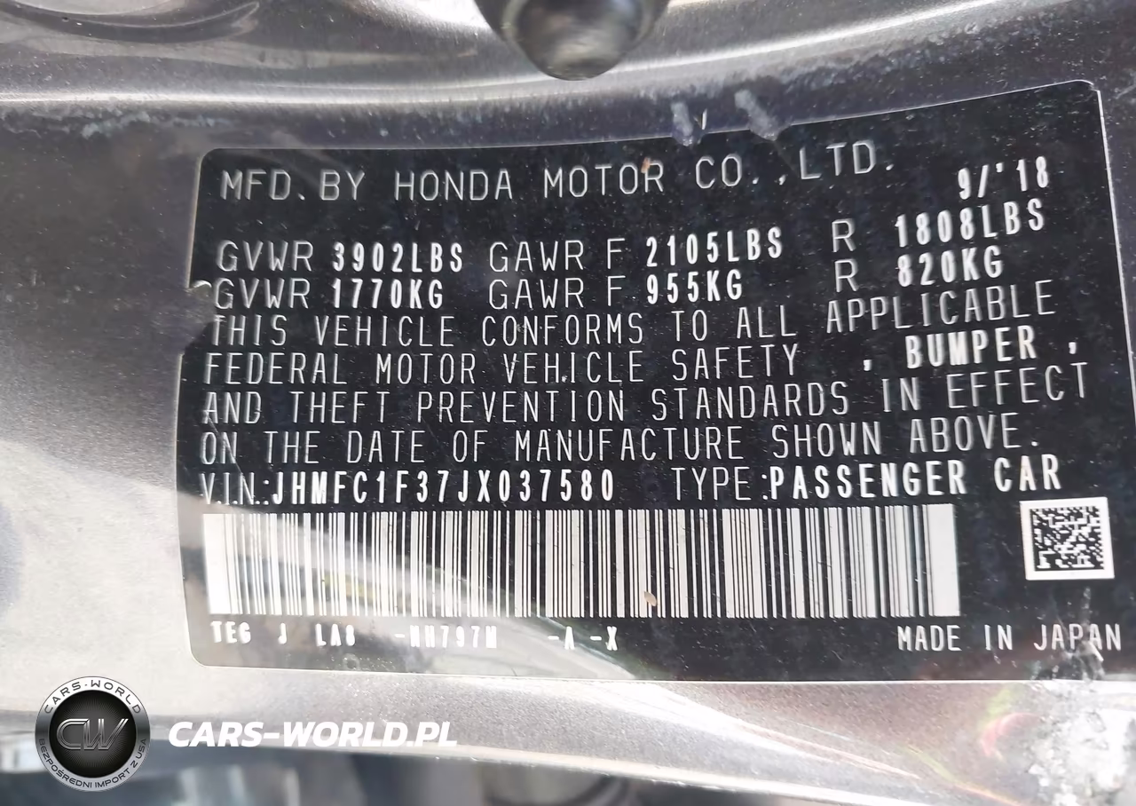 2018 Honda Civic Ex-T VIN:JHMFC1F37JX037580 - 9