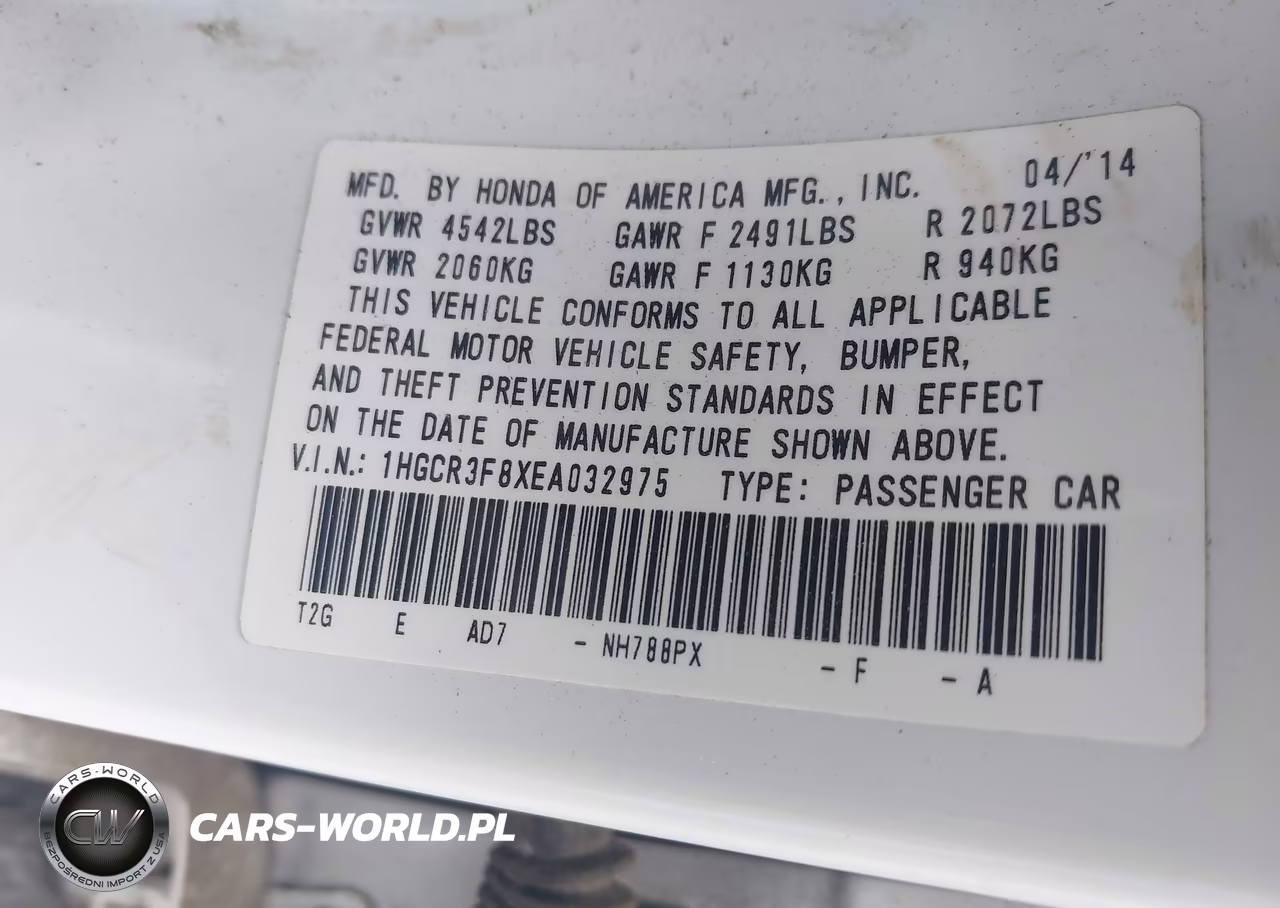 2014 Honda Accord Ex-L V-6 VIN:1HGCR3F8XEA032975 - 9