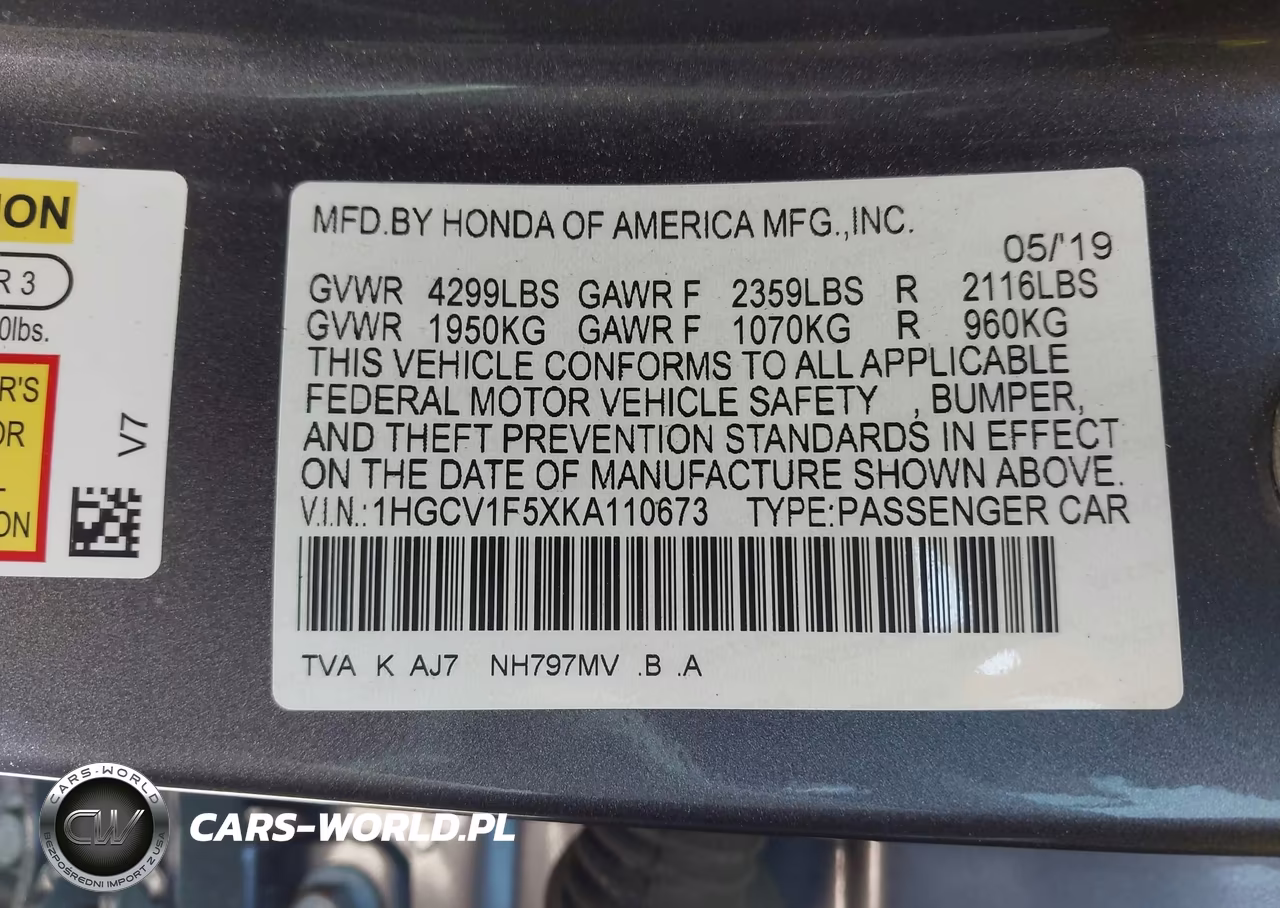 2019 Honda Accord Ex-L VIN:1HGCV1F5XKA110673 - 9
