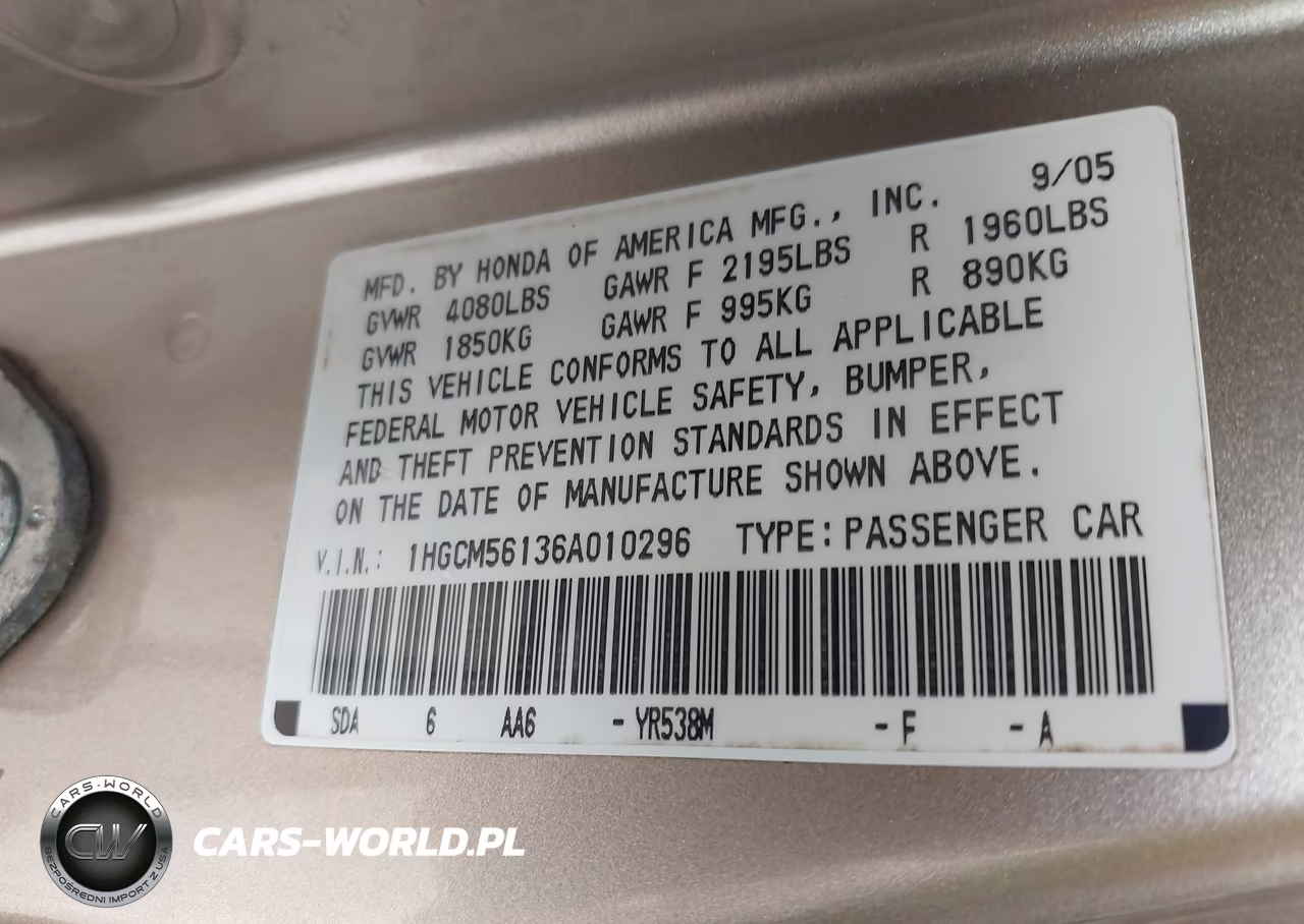 2006 Honda Accord 2.4 Vp VIN:1HGCM56136A010296 - 9