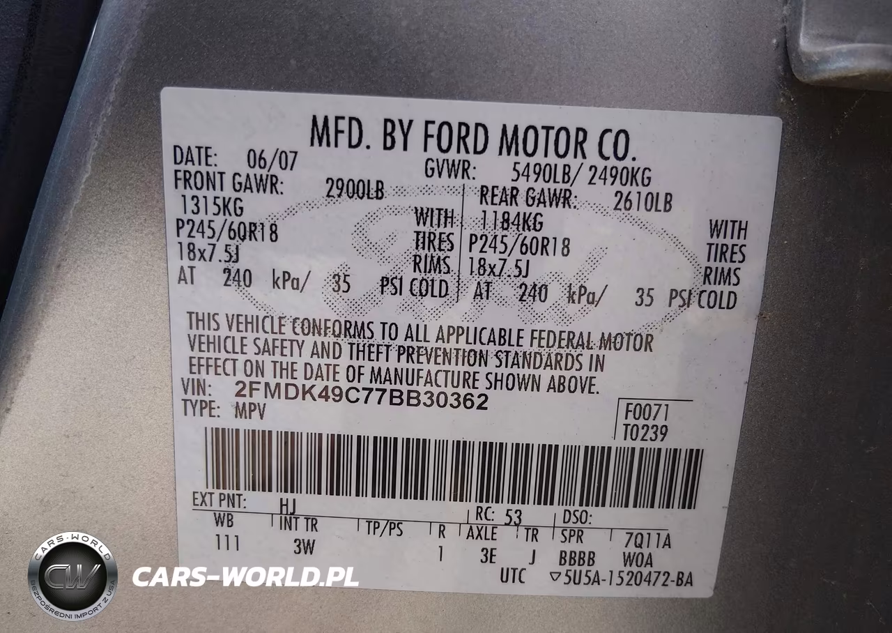 2007 Ford Edge Sel Plus VIN:2FMDK49C77BB30362 - 8