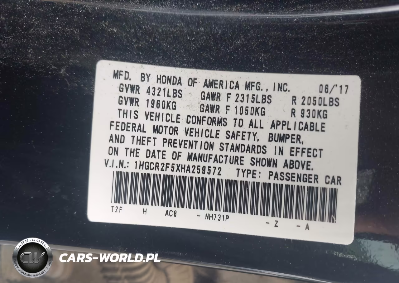 2017 Honda Accord Sport VIN:1HGCR2F5XHA259572 - 9