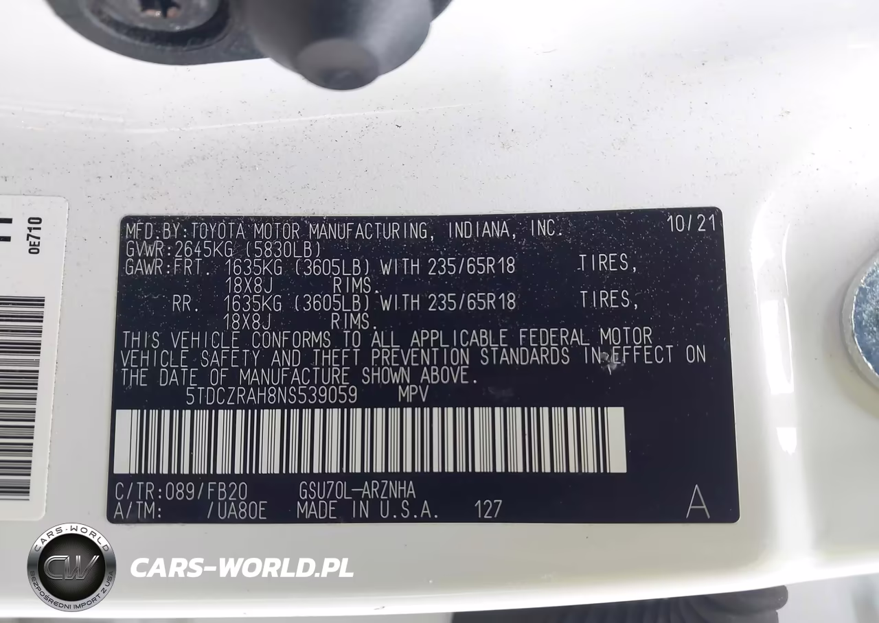 2022 Toyota Highlander L VIN:5TDCZRAH8NS539059 - 9