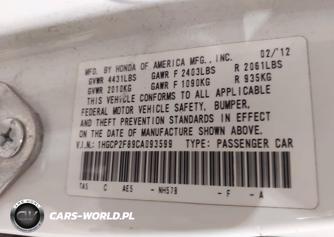 2012 Honda Accord 2.4 Ex-L VIN:1HGCP2F89CA093599 - 9